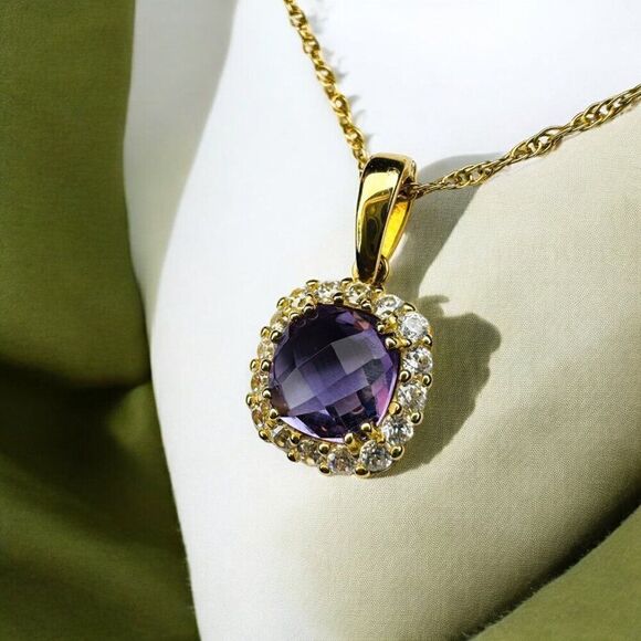 14k Gold Amethyst Halo Diamond Necklace 16" Cushion Cut Amethyst Solid 585 Gold - Picture 1 of 16